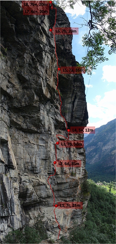 Della Funivia, Valle Bavona, Ticino, Alexandra Schweikart, Christopher Igel - Alexandra Schweikart and Christopher Igel making the first ascent of Della Funivia (7c, 300m), Valle Bavona, Ticino, Switzerland.