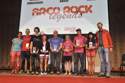 Arco Rock Legends 2015 - Arco Rock Legends 2015 - Giulia Delladio (Strategic Marketing La Sportiva), Jakob Schubert, Adam Ondra, Jain Kim, John Ellison (CAC Climbers against Cancer), Angela Eiter, Alexander Megos, Ashima Shiraishi, Stefan Rainer (Sales Director Salewa)