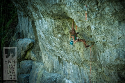 Lena Herrmann, Frankenjura, Germany - Lena Herrmann climbing Father and son 8c in the Frankenjura, Germany