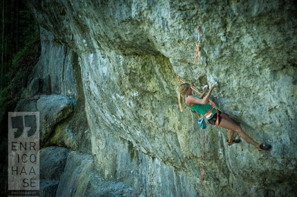 Lena Herrmann, Frankenjura, Germany - Lena Herrmann climbing Father and son 8c in the Frankenjura, Germany