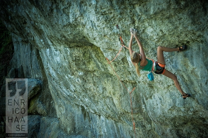 Lena Herrmann, Frankenjura, Germany - Lena Herrmann climbing Father and son 8c in the Frankenjura, Germany