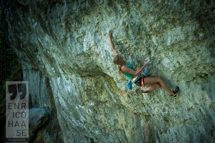 Lena Herrmann, Frankenjura, Germany - Lena Herrmann climbing Father and son 8c in the Frankenjura, Germany