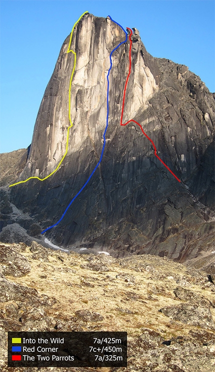 Bilibino, Siberia, Russia, Hansjörg Auer, Jacopo Larcher, Eneko Pou, Iker Pou e Siebe Vanhee - Bilibino 2015: The Commander: Into the Wild (7a / 425m), first ascent Iker & Eneko Pou, 11/07/2015. Red Corner (7c+ / 450m), first ascent Auer, Larcher, Vanhee 11-12.07.2015, team freed 14/07/2105. The Two Parrots (7a / 320m), first ascent Iker & Eneko Pou, 24/07/2015