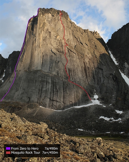 Bilibino, Siberia, Russia, Hansjörg Auer, Jacopo Larcher, Eneko Pou, Iker Pou e Siebe Vanhee - Bilibino 2015: The General: Mosquito Rock Tour (7a+ / 450m), first ascent Iker & Eneko Pou, 14/07/2015. From Zero to Hero (7a / 490m) first ascent Hansjörg Auer, Jacopo Larcher, Siebe Vanhee, 21,22, 24/07/2015