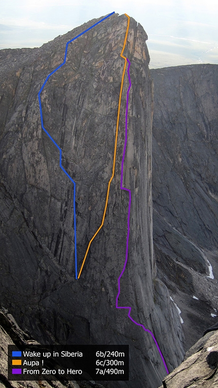 Bilibino, Siberia, Russia, Hansjörg Auer, Jacopo Larcher, Eneko Pou, Iker Pou e Siebe Vanhee - Bilibino 2015: The General: Wake up in Siberia (6b / 240m), first ascent Auer, Larcher, Vanhee, 06/07/2015. Aupa (6c / 300m), first ascent Iker & Eneko Pou, 06/07/2015. From Zero to Hero (7a / 490m) first ascent Auer, Larcher, Vanhee, 21,22, 24/07/2015