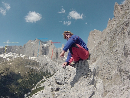 East is East, a Catinaccio triptych in the Dolomites. By Tom Ballard.