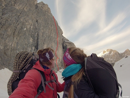 Tom Ballard, Rosengarten, Dolomiti - Tom Ballard and Stefania Pederiva looking back at Baptism of Fire (535m VIII+ (VII obl.)., Rosengarten East Face, Dolomites