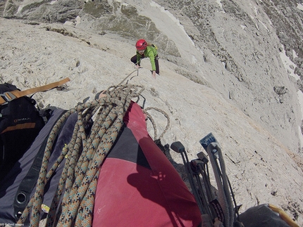 Tom Ballard, Rosengarten, Dolomiti - Tom Ballard and Stefania Pederiva climbing their Scarlet Fever, Rosengarten East Face, Dolomites.