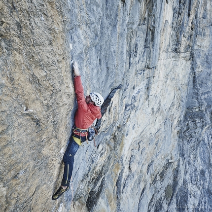 Odyssee, Eiger parete nord, Roger Schaeli, Robert Jasper, Simon Gietl - Roger Schäli sul tiro chiave, gradadto 8a+, di Odyssee, la via aperta sulla parete nord dell'Eiger, insieme a Robert Jasper e Simon Gietl