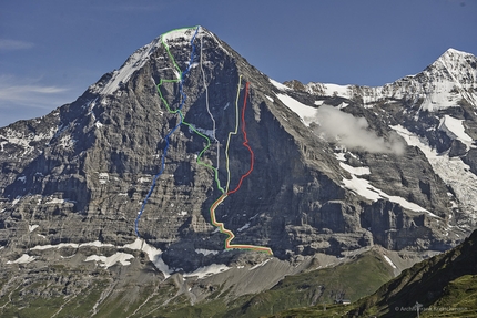 Odyssee, Eiger parete nord, Roger Schaeli, Robert Jasper, Simon Gietl - La parete nord dell'Eiger. Giallo: Odyssee. Blu: Harlin Direttissima. Grigio:  Direttissima dei Giapponesi. Rosso: Piola - Ghilini Direttissima