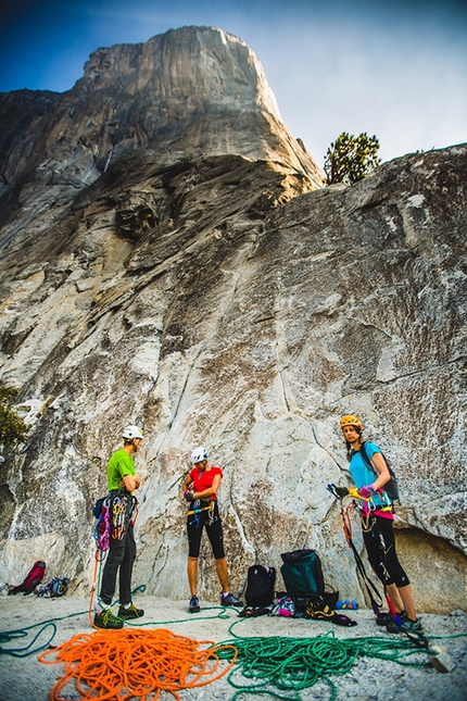 Hans Florine, The Nose, El Capitan, Yosemite, USA - Hans Florine, Fiona Thornewell and Jayme Moye preparing at the base of The Nose, El Capitan, Yosemite, USA