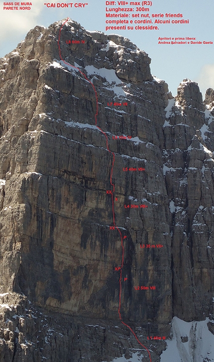 CAI don’t cry, Sass de Mura, Dolomiti Bellunesi - Durante l'apertura di  CAI don’t cry (VIII+, R3, 300m, Davide Gaeta, Andrea Salvadori) Sass de Mura, gruppo del Cimonega, Dolomiti Bellunesi