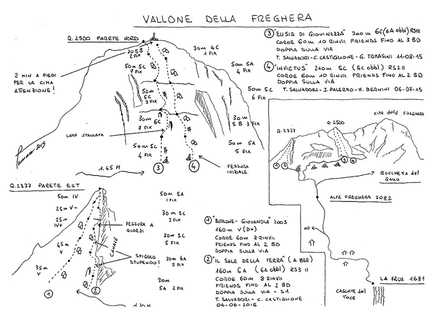 Cima della Freghera, Val Formazza, Alpi Lepontine, Tommaso Salvadori, Claudio Castiglione - Cima della Freghera. Quota 2337m: 1. Burlone - Giovanola (G. Burlone, A. Giovanola 2003 )2. Il Sale della Terra (T. Salvadori, C. Castiglione 06/06/2015). Quota 2500m: 3. Elisir di Giovinezza (T. Salvadori, C. Castiglione, G. Tomasini 11/08/2015) 4. Invictus (T. Salvadori, J. Palermo, M. Bernini 06/07/2015)