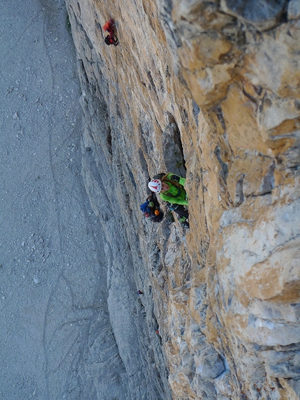 Maja Vidmar climbing in the Dolomites - Climbing the Comici - Dimai up the North Face of Cima Grande, Tre Cime di Lavaredo (Dolomites)