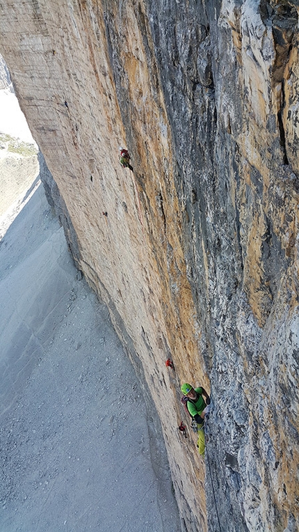 Maja Vidmar climbing in the Dolomites - Climbing the Comici - Dimai up the North Face of Cima Grande, Tre Cime di Lavaredo (Dolomites)