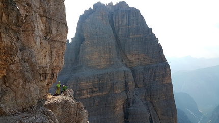 Maja Vidmar climbing in the Dolomites - Climbing the Comici - Dimai up the North Face of Cima Grande, Tre Cime di Lavaredo (Dolomites)