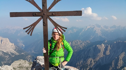 Maja Vidmar climbing in the Dolomites - Climbing the Comici - Dimai up the North Face of Cima Grande, Tre Cime di Lavaredo (Dolomites)