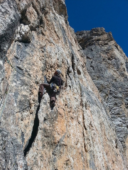 Dolomitspit, Sas Ciampac, Dolomites - Dolomitspit (530m, VII, VI obl.) new rock climb up the South Face of Sas Ciampac, 2672m, Val Gardena, Dolomites