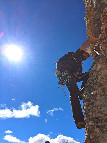 Dolomitspit, Sas Ciampac, Dolomites - Dolomitspit (530m, VII, VI obl.) new rock climb up the South Face of Sas Ciampac, 2672m, Val Gardena, Dolomites