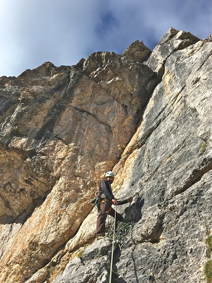 Dolomitspit, Sas Ciampac, Dolomites - Dolomitspit (530m, VII, VI obl.) new rock climb up the South Face of Sas Ciampac, 2672m, Val Gardena, Dolomites