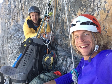 Much Mayr, Via degli Spagnoli, Cima Grande di Lavaredo - Much Mayr and Guido Unterwurzacher making the first free ascent of Via degli Spagnoli, Cima Grande di Lavaredo, Dolomites