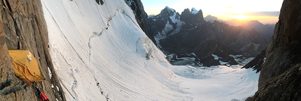 Alexander Block Peak, Aksu, Pamir Alay, Kyrgyzstan, Julia Borisova, Marina Popova, Olesya Babushkina, Alexandra Mentovskaya - Life on the wall during the first repeat of the Gunko route (950m, 6A) West Face Peak Alexander Block (5239m), Pamir Alay, Kyrgyzstan.