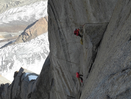 Alexander Block Peak, Aksu, Pamir Alay, Kyrgyzstan - Julia Borisova and Alexandra Mentovskaya making the first repeat of the Gunko route (950m, 6A) West Face Peak Alexander Block (5239m), Pamir Alay, Kyrgyzstan.