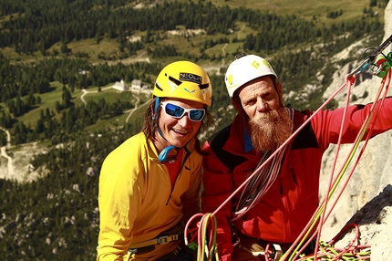 Sass de la Crusc Dolomiti, Voodoo-Zauber per Simon Gietl e Andrea Oberbacher - Durante la prima salita di Voodoo-Zauber, (IX-, 180m, Simon Gietl, Andrea Oberbacher) Sass de la Crusc, Dolomiti