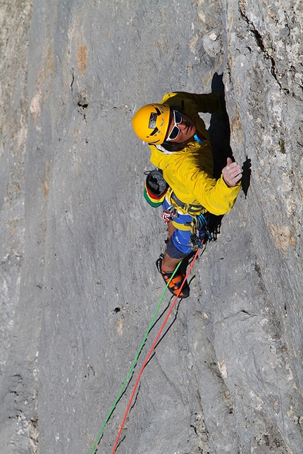 Sass de la Crusc Dolomiti, Voodoo-Zauber climb by Simon Gietl and Andrea Oberbacher - During the first ascent of Voodoo-Zauber, (IX-, 180m, Simon Gietl, Andrea Oberbacher) Sass de la Crusc, Dolomites