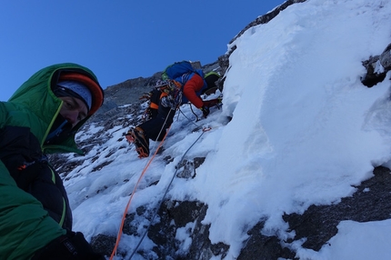 Pic Sans Nom, Le Prestige des Écrins - During the first ascent of Le Prestige des Écrins, (1000m, V, M6+, 6a, Benjamin Brochard, Fred Degoulet, Jonathan Joly 19 - 21/10/2015) Pic Sans Nom (3913m), Ecrins, France