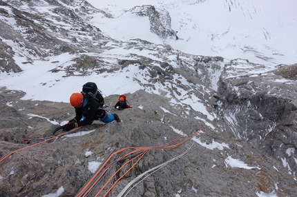 Pic Sans Nom, Le Prestige des Écrins - During the first ascent of Le Prestige des Écrins, (1000m, V, M6+, 6a, Benjamin Brochard, Fred Degoulet, Jonathan Joly 19 - 21/10/2015) Pic Sans Nom (3913m), Ecrins, France. Day 2