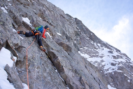 Pic Sans Nom, Le Prestige des Écrins - During the first ascent of Le Prestige des Écrins, (1000m, V, M6+, 6a, Benjamin Brochard, Fred Degoulet, Jonathan Joly 19 - 21/10/2015) Pic Sans Nom (3913m), Ecrins, France. Day 2