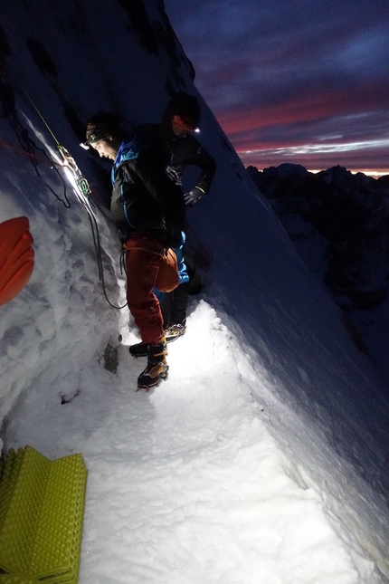 Pic Sans Nom, Le Prestige des Écrins - During the first ascent of Le Prestige des Écrins, (1000m, V, M6+, 6a, Benjamin Brochard, Fred Degoulet, Jonathan Joly 19 - 21/10/2015) Pic Sans Nom (3913m), Ecrins, France. Day 2