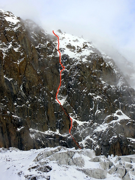 Kyzyl Asker, Kyrgyzstan, Kokshaal Too - Kyzyl Asker 2015: The route Mr Mojo Risin on the W face of Pik Carnovsky, climbed by Anže Jerše, Miha Hauptman and Uroš Stanonik