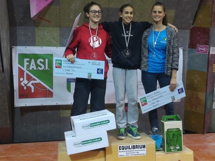 Italian Bouldering Championship 2015 Modena - Italian Bouldering Championship 2015 Modena: Giorgia Tesio (2), Laura Rogora (1) and Andrea Ebner (3)