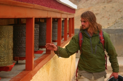 Tangra Tower Cory Hall Memorial expedition - Cory Hall spins Buddhist prayer wheels in Ladhak, India