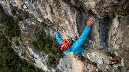 Monte Cimo, Nicola Tondini - Nicola Tondini climbing pitch 3 (8a) of Destini Incrociati