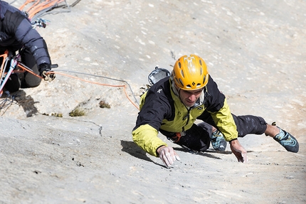 Bruderliebe, Marmolada, Dolomites - Alessandro Rudatis and Massimo Torricelli during the first repeat of Bruderliebe, Marmolada, Dolomites on 12-13 August 2015