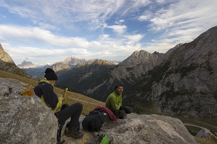 Bruderliebe, Marmolada, Dolomites - Alessandro Rudatis and Massimo Torricelli during the first repeat of Bruderliebe, Marmolada, Dolomites on 12-13 August 2015