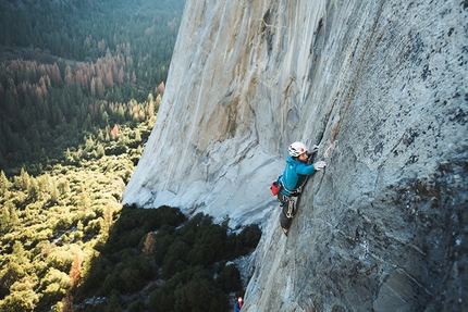 Yosemite, El Capitan, Jacopo Larcher, Barbara Zangerl - Jacopo Larcher climbing the fifth pitch, called Galapagos and graded 5.13b, of the route El Nino on El Capitan in Yosemite (5.13c, 800m, Alexander Huber, Thomas Huber, 1998)