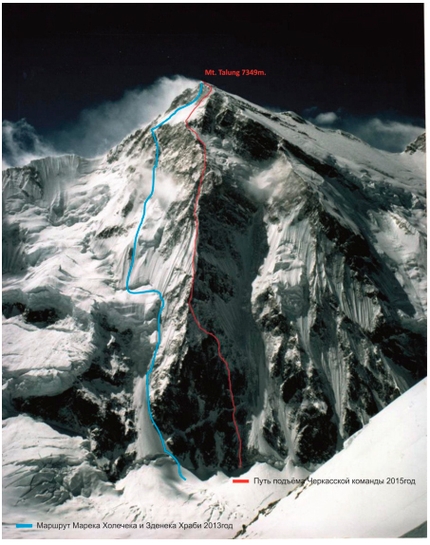 Talung, Himalaya, Nepal, Nikita Balabanov, Mikhail Fomin - The line taken by Urkrainian mountaineers Nikita Balabanov and Mikhail Fomin during the first ascent of the NNW Spur of Talung (7349m), Himalaya, Nepal, from 18 - 25 October 2015