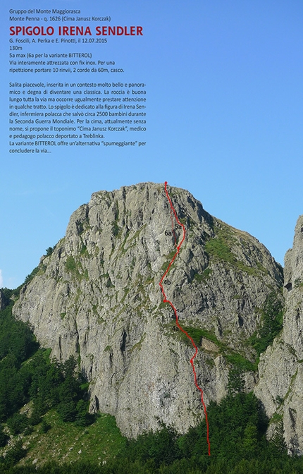 Spigolo Irena Sendler, Monte Penna, Appennino - Spigolo Irena Sendler, comprensorio del Monte Penna, Appennino Ligure (5a, 130m, Giuseppe Foscili, Anna Perka e Eugenio Pinotti, 12/07/2015)