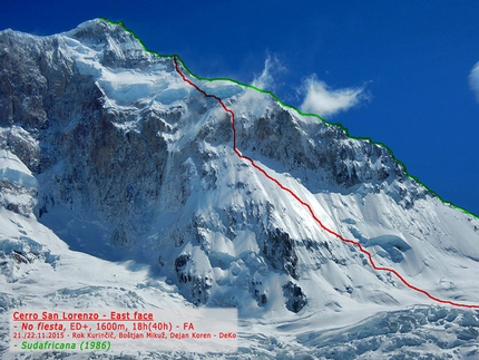 Cerro San Lorenzo, Patagonia, Dejan Koren, Boštjan Mikuž, Rok Kurinčič, Domen Petrovčič, Domen Kastelic - Cerro San Lorenzo, No Fiesta (Dejan Koren, Rok Kurinčič & Boštjan Mikuž, ED+, 1600m 20-21/11/2015).