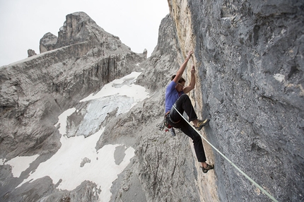 Alex Luger, Drusenfluh, Rätikon - Alex Luger making the first ascent of The Gift (8c, 350m), Drusenfluh, Rätikon, Austria