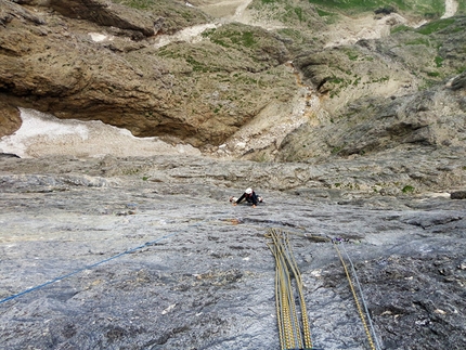 Mulaz, Pale di San Martino, Dolomiti, Alessandro Baù, Claudio Migliorini - During the first ascent of Gigi La Trottola (IX-, 450m, Alessandro Baù, Claudio Migliorini, Giovanni Zaccaria 2015)