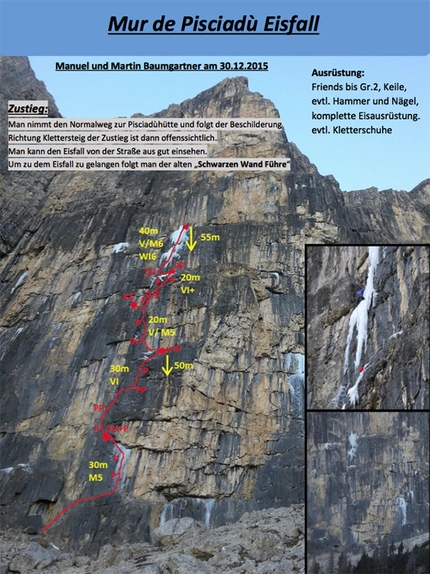 Mur del Pisciadu, Sella, Dolomiti - Mur del Pisciadù Eisfall (V+/M6/WI6 Manuel Baumgartner, Martin Baumgärtner 30/12/2015), Sella, Dolomiti.