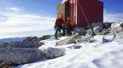 Stralasegne, Pala di San Martino, Pale di San Martino, Dolomites, Renzo Corona, Flavio Piccinini - Renzo Corona and Flavio Piccinini at the Aquile bivouac, summit of Pala di San Martino (Dolomites)