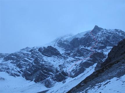 Florian Riegler, Martin Riegler, Ortler - The NW Face of Ortler and the route line of Trinitas (WI4, M5, 1000m) the probable new climb forged on 27/12/2015 by Florian Riegler and Martin Riegler.