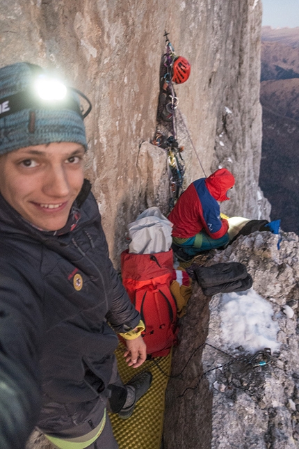 Agner, Dolomites, Martin Dejori,  Titus Prinoth - Martin Dejori and Titus Prinoth making the first repeat, and first winter ascent, of La storia infinita, the climb up up in 1990 up the NE Face of Agner (Dolomites) by the Czech brothers Miroslav Coubal and Michal Coubal