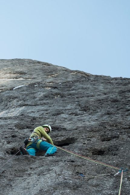 Agner, Dolomites, Martin Dejori,  Titus Prinoth - During the first repeat, and first winter ascent, of La storia infinita, the climb up up in 1990 up the NE Face of Agner (Dolomites).